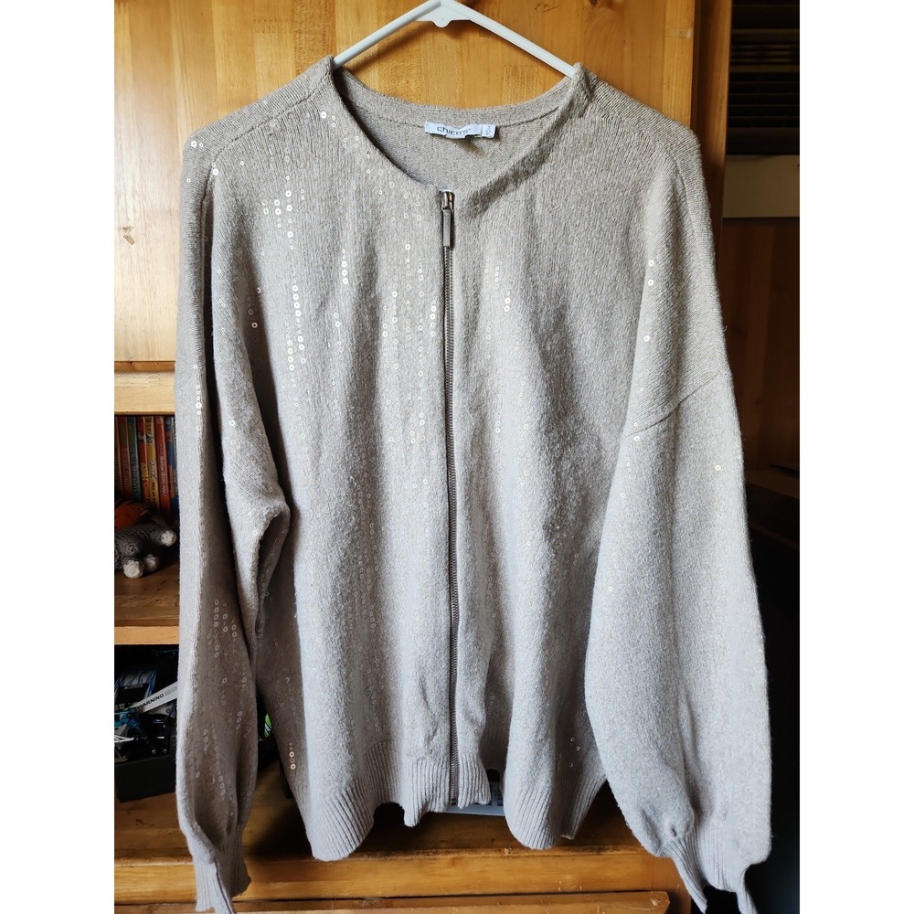 Woman's Chicos Sequin Zip Front Cardigan In Helium, Sz 3X